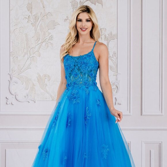 Amelia Couture Dresses & Skirts - NEW LONG OFF SHOULDER SLEEVELESS A-LINE MESH DRESS EMBROIDERED WITH LACE AC 7035